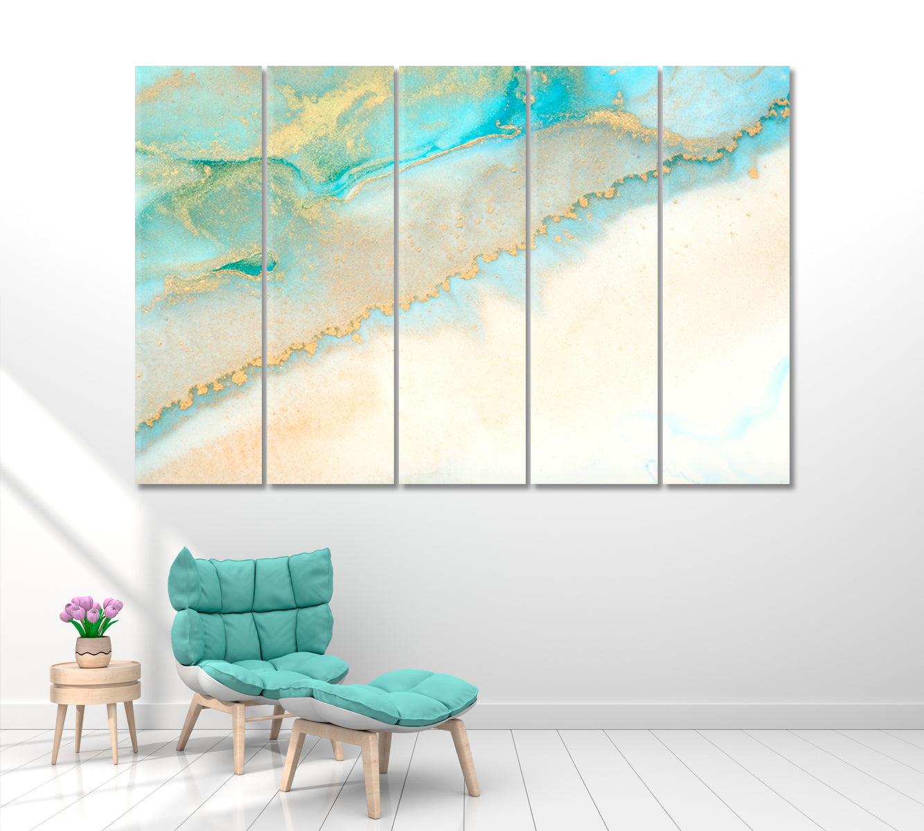 Abstract Blue and Gold Fluid Marble Canvas Print ArtLexy 5 Panels 36"x24" inches 