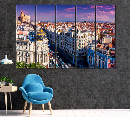 Gran Via Street Madrid Spain Canvas Print ArtLexy 5 Panels 36"x24" inches 
