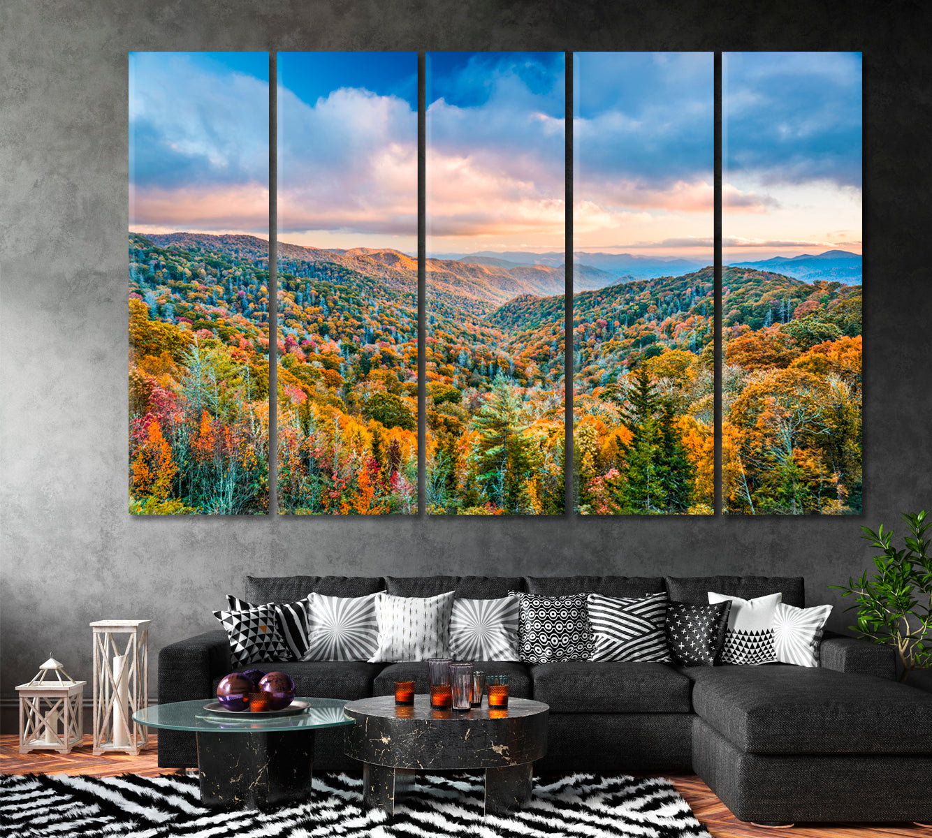 Autumn Landscape of Great Smoky Mountains Tennessee Canvas Print ArtLexy 5 Panels 36"x24" inches 