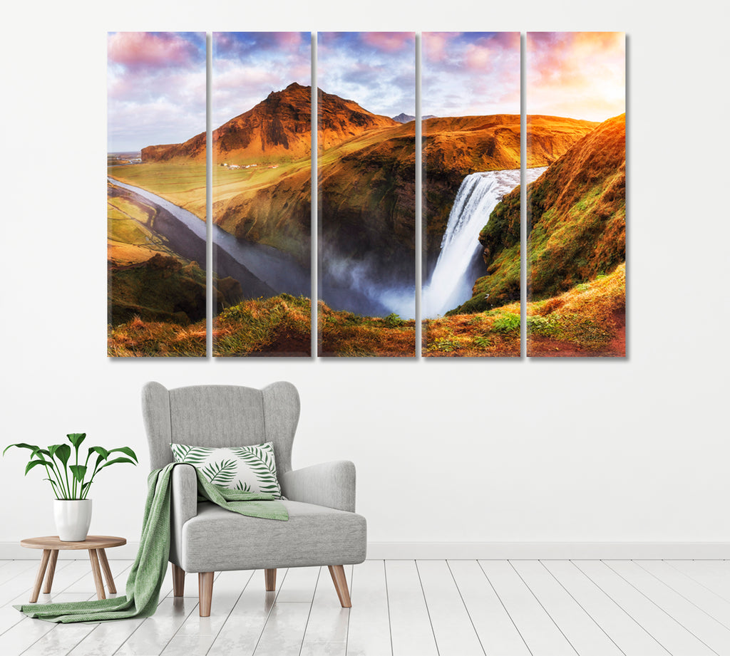 Great Waterfall Skogafoss in South of Iceland Canvas Print ArtLexy 5 Panels 36"x24" inches 