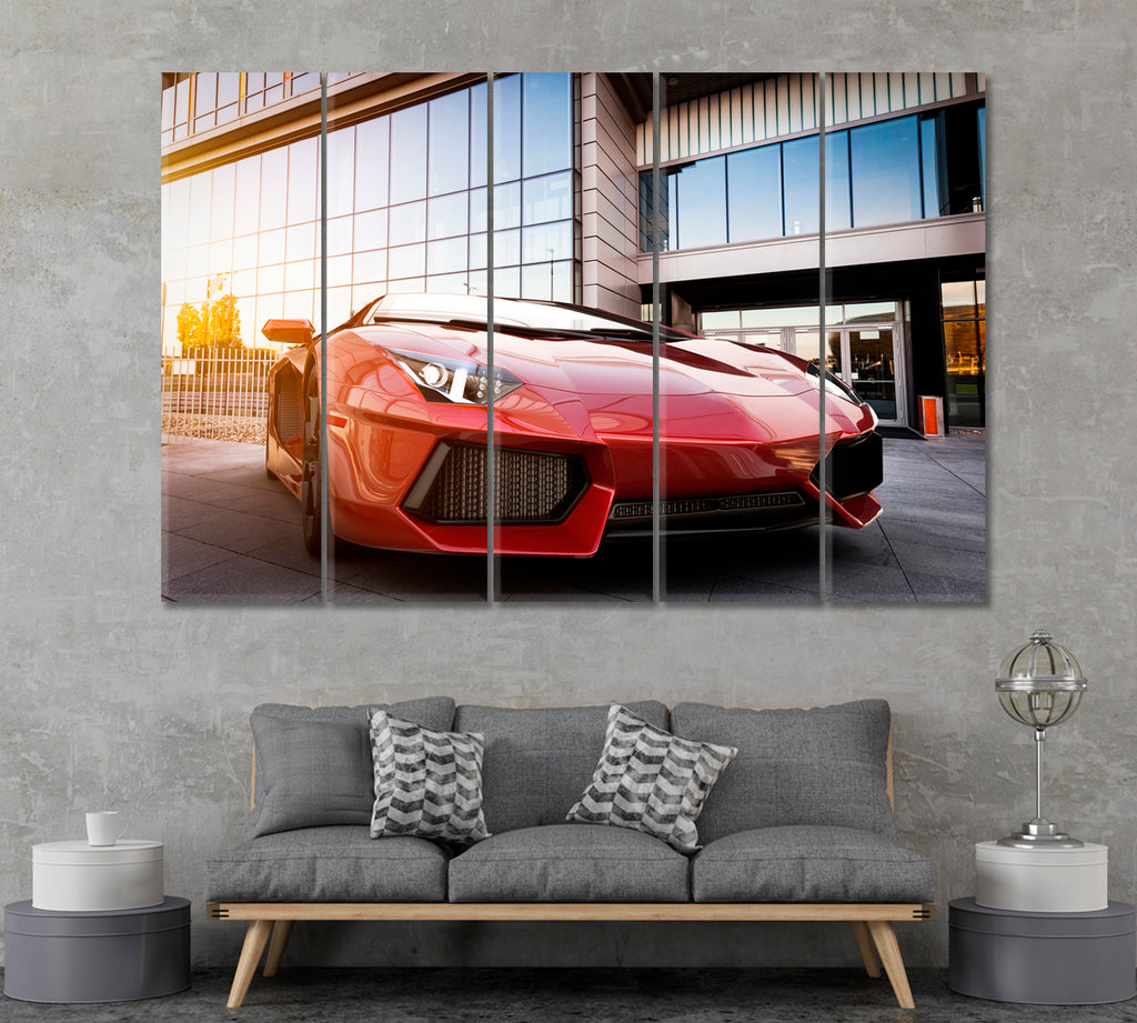 Red Sports Car near Office Building Canvas Print ArtLexy 5 Panels 36"x24" inches 