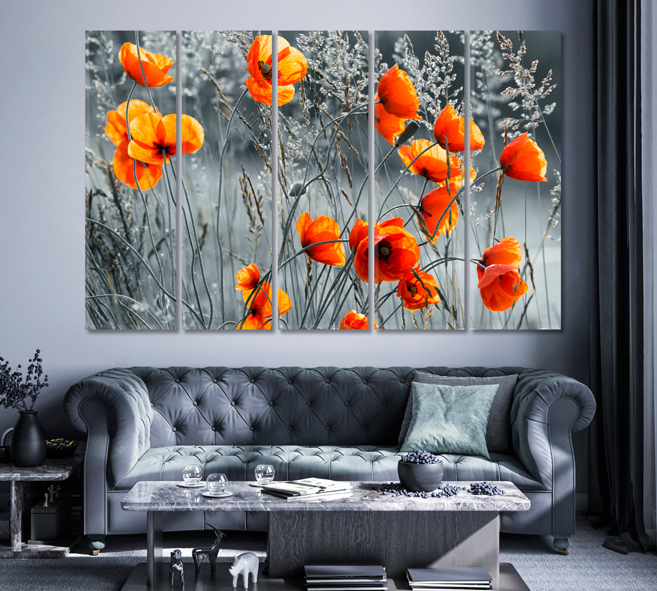 Red Poppy on Gray Field Canvas Print ArtLexy 5 Panels 36"x24" inches 