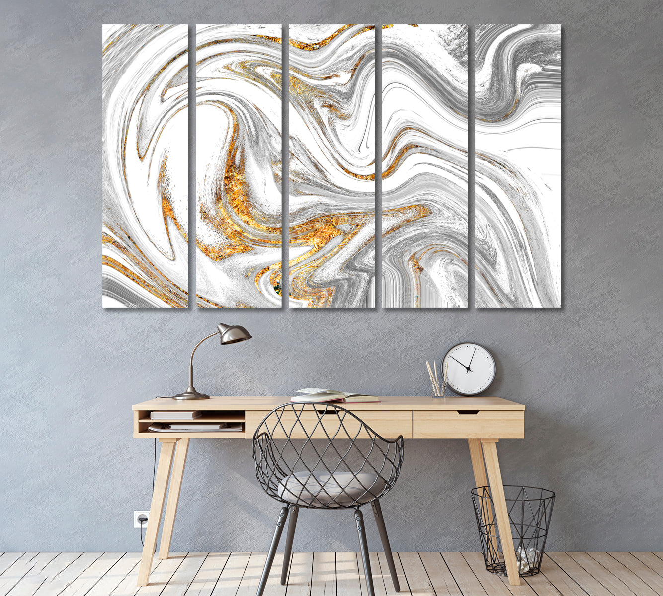 Silver Fluid Marbling Pattern Canvas Print ArtLexy 5 Panels 36"x24" inches 