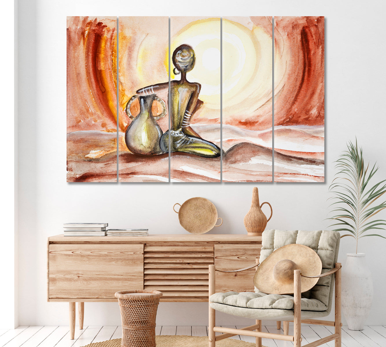 African Woman Looking at Sunset Canvas Print ArtLexy 5 Panels 36"x24" inches 