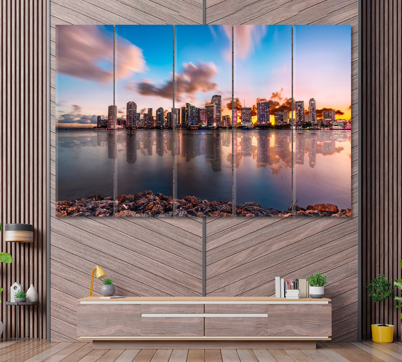 Miami at Twilight Canvas Print ArtLexy 5 Panels 36"x24" inches 