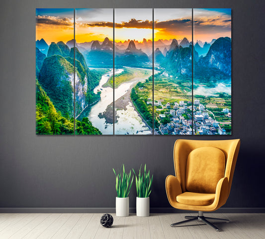 Li River and Karst Mountains China Canvas Print ArtLexy 5 Panels 36"x24" inches 