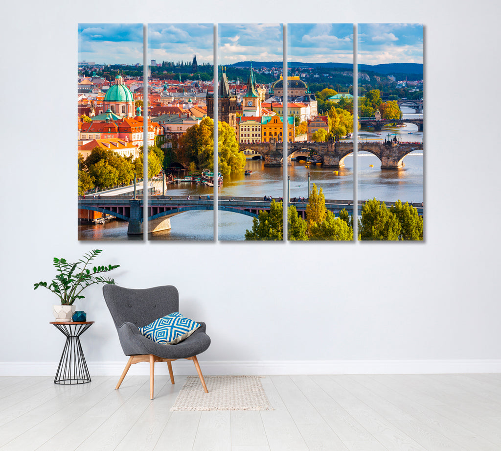 Bridges over Vltava River Prague Canvas Print ArtLexy 5 Panels 36"x24" inches 