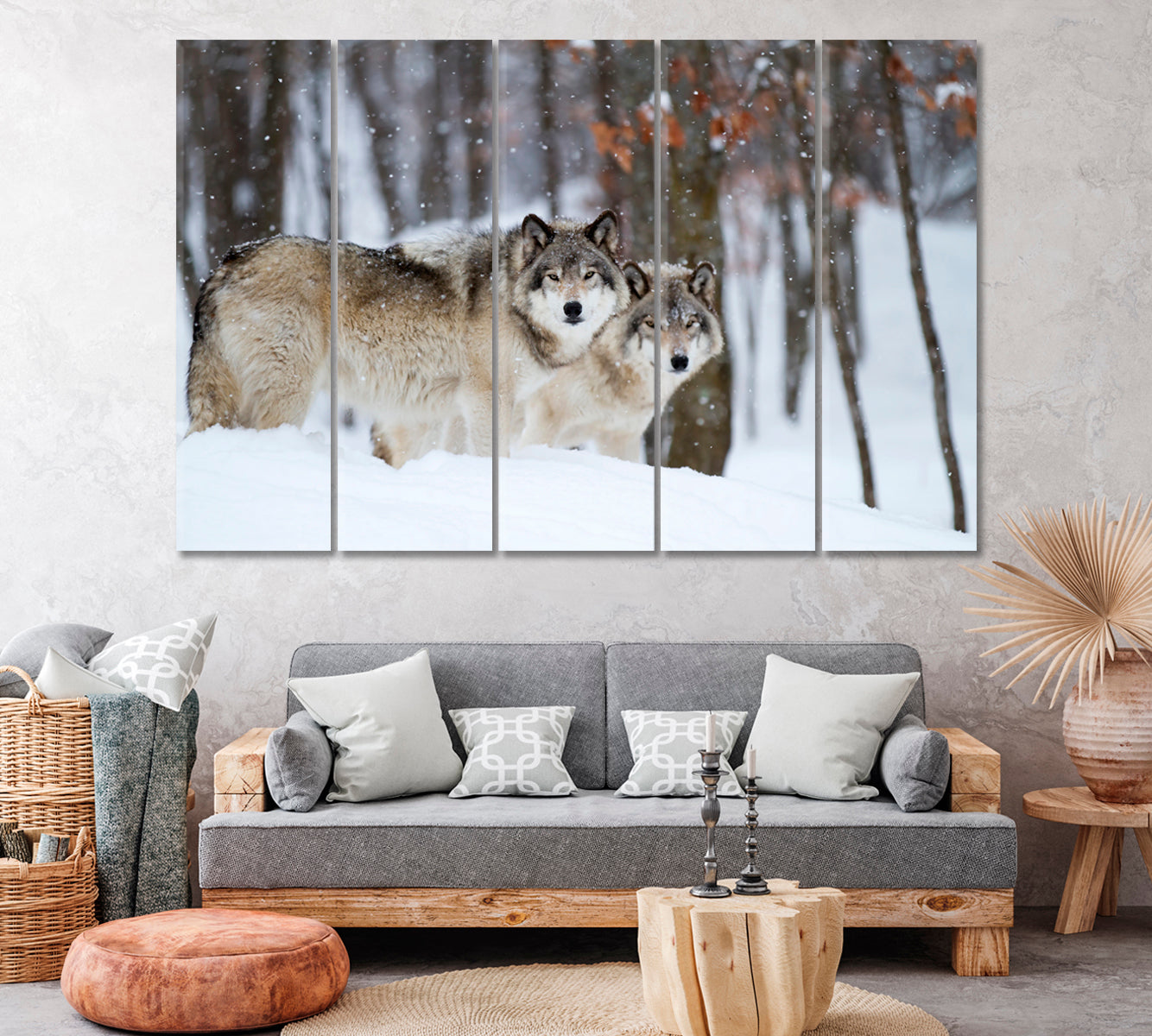 Wild Wolves in Winter Forest Canvas Print ArtLexy 5 Panels 36"x24" inches 