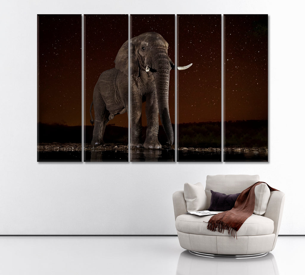 Wild Elephant at Night Kenya Canvas Print ArtLexy 5 Panels 36"x24" inches 