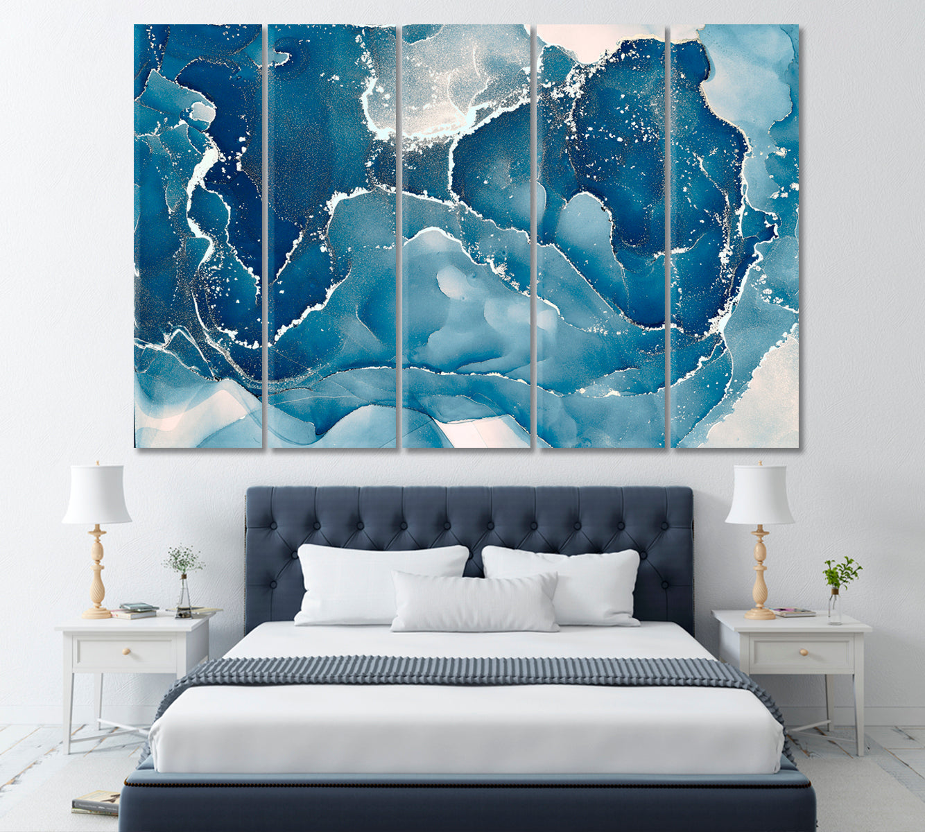 Abstract Blue Marble Pattern Canvas Print ArtLexy 5 Panels 36"x24" inches 