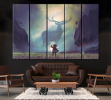Man and Giant Deer in Mysterious Valley Canvas Print ArtLexy 5 Panels 36"x24" inches 