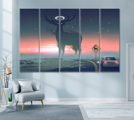 Giant Deer Save Animals from Roadkill Canvas Print ArtLexy 5 Panels 36"x24" inches 