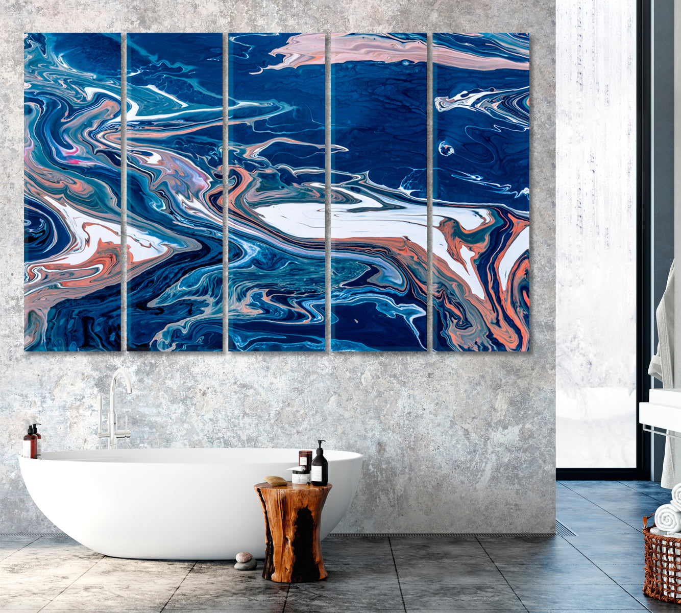 Blue Acrylic Liquid Marble Design Canvas Print ArtLexy 5 Panels 36"x24" inches 