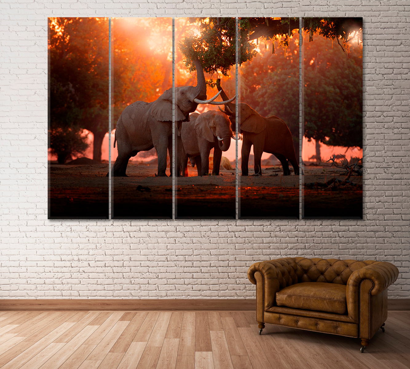 Elephants in Zimbabwe Africa Canvas Print ArtLexy 5 Panels 36"x24" inches 