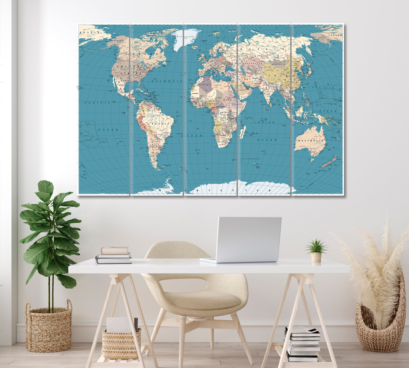 Detailed World Map Canvas Print ArtLexy 5 Panels 36"x24" inches 