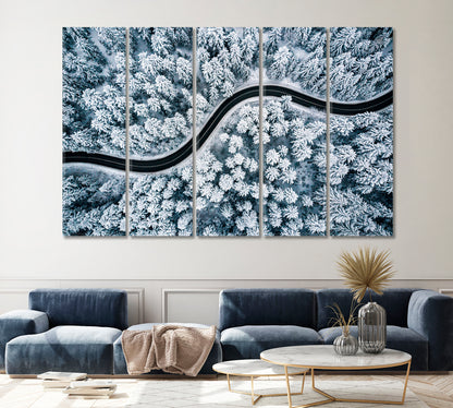 Curvy Road in Winter Forest Canvas Print ArtLexy 5 Panels 36"x24" inches 