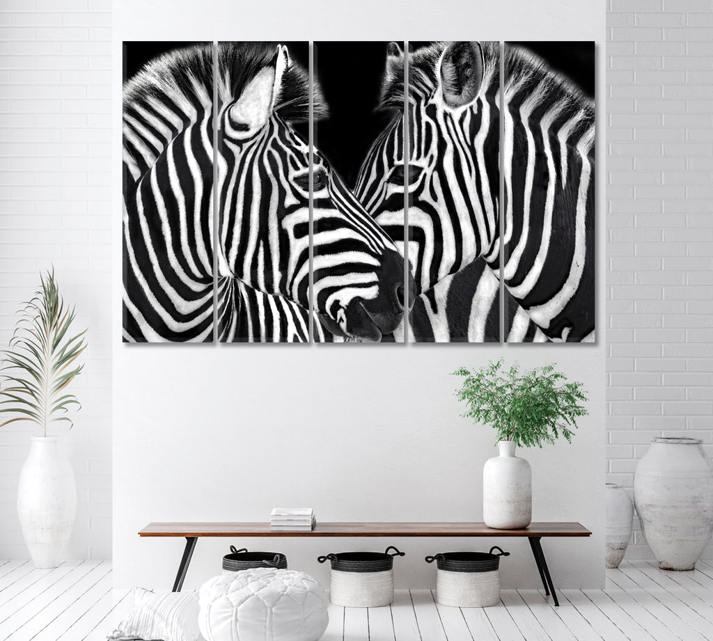 Two Zebras in Black and White Canvas Print ArtLexy 5 Panels 36"x24" inches 