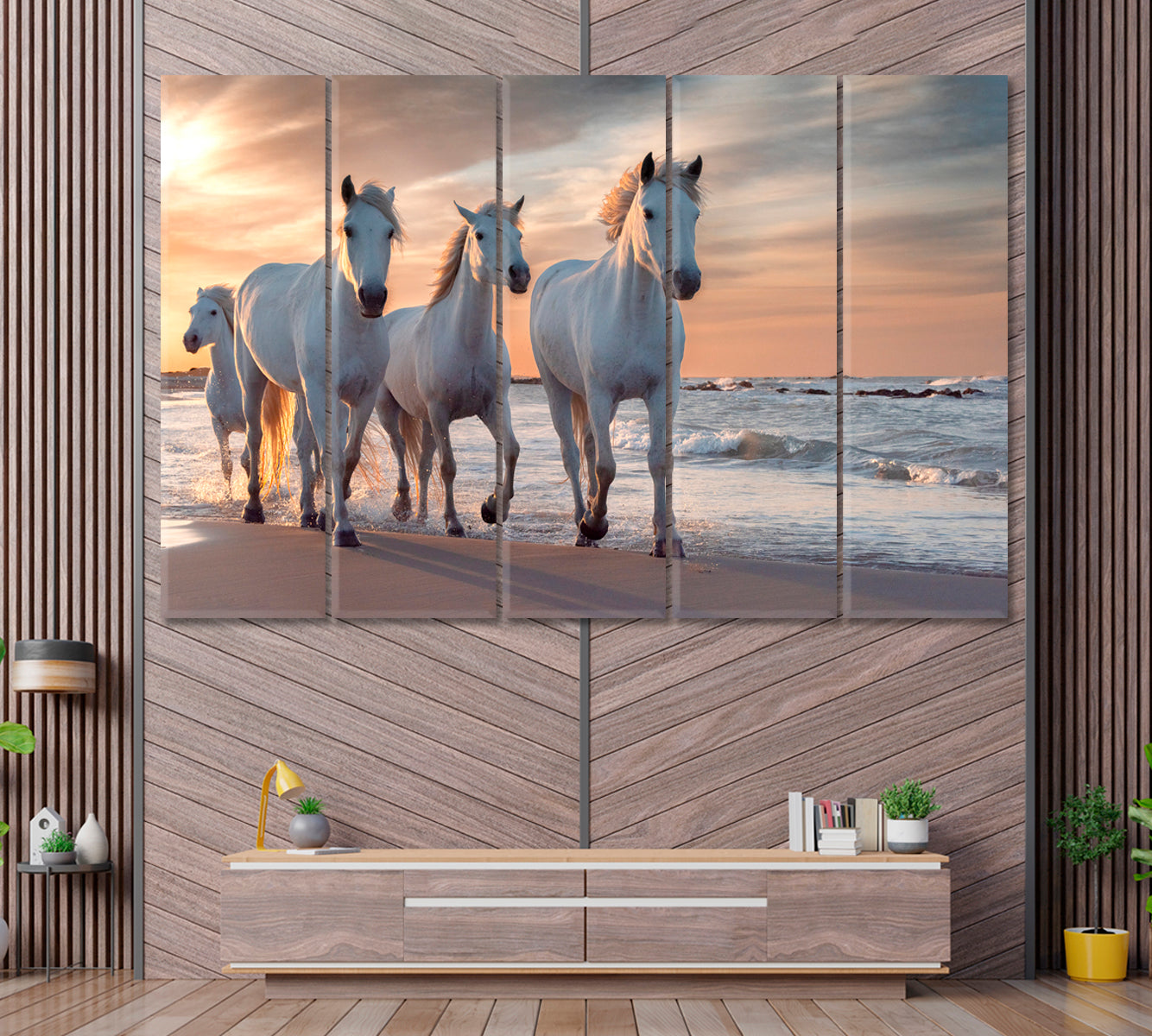 Herd of White Horses on Mediterranean Coast Camargue France Canvas Print ArtLexy 5 Panels 36"x24" inches 