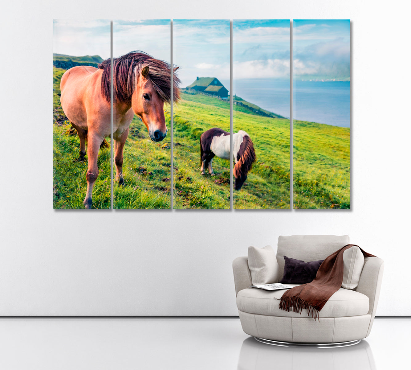 Horses in Velbastadur Village Faroe Islands Canvas Print ArtLexy 5 Panels 36"x24" inches 