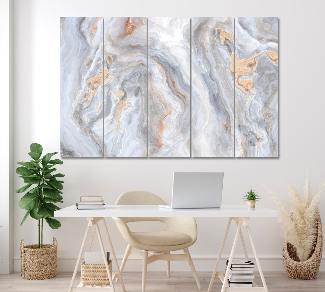 Abstract Grey Marble with Veins Canvas Print ArtLexy 5 Panels 36"x24" inches 