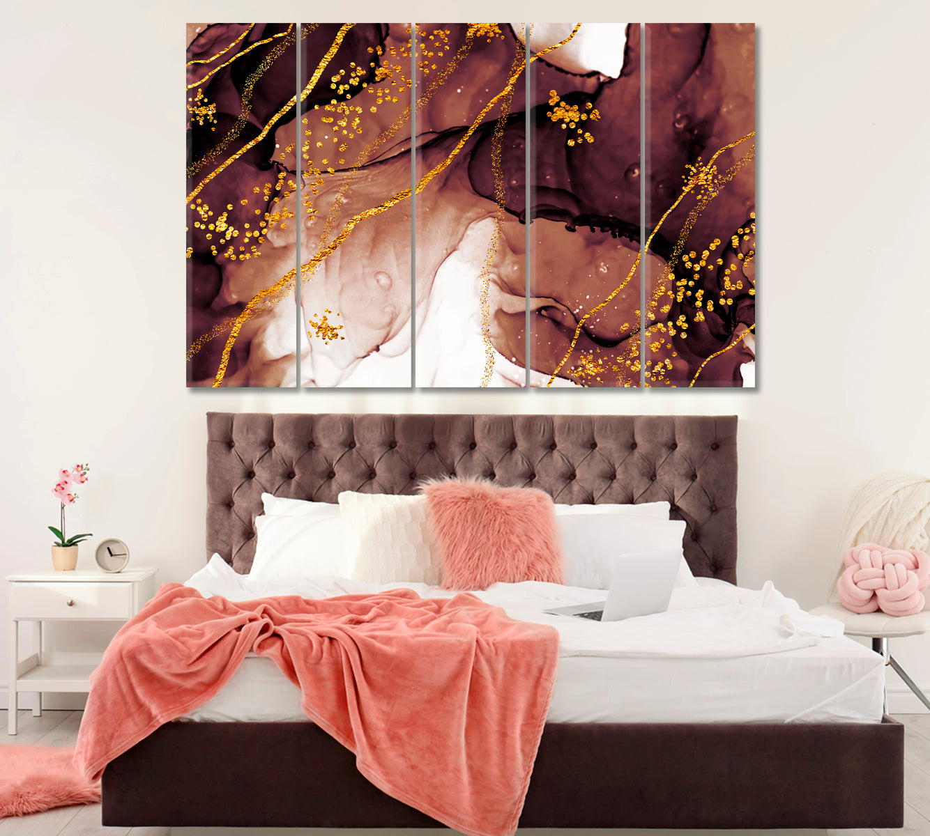 Abstract Painting with Golden Swirls Canvas Print ArtLexy 5 Panels 36"x24" inches 