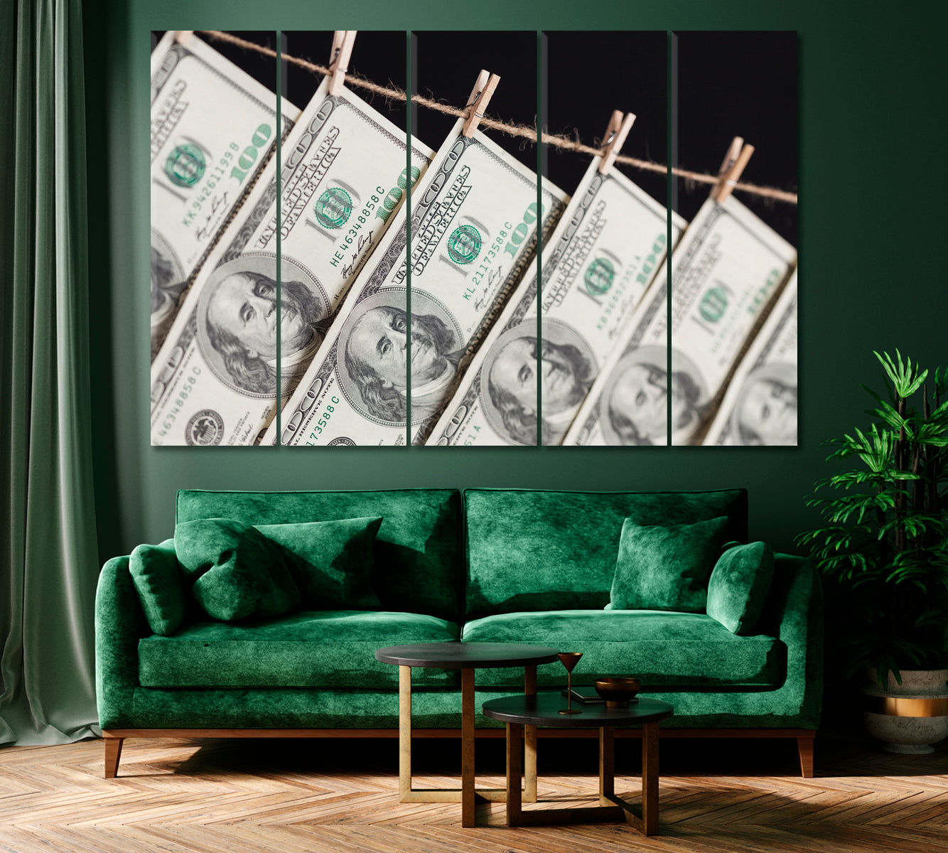 Hundred Dollar Bills Hanging From a Clothesline Canvas Print ArtLexy 5 Panels 36"x24" inches 