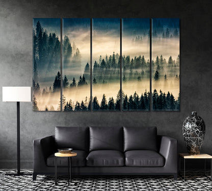 Misty Mountain Landscape with Fir Forest Canvas Print ArtLexy 5 Panels 36"x24" inches 