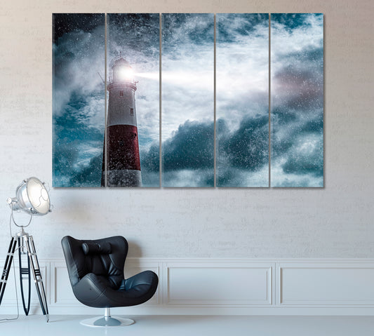 Lighthouse in Storm Shines in Sea Canvas Print ArtLexy 5 Panels 36"x24" inches 