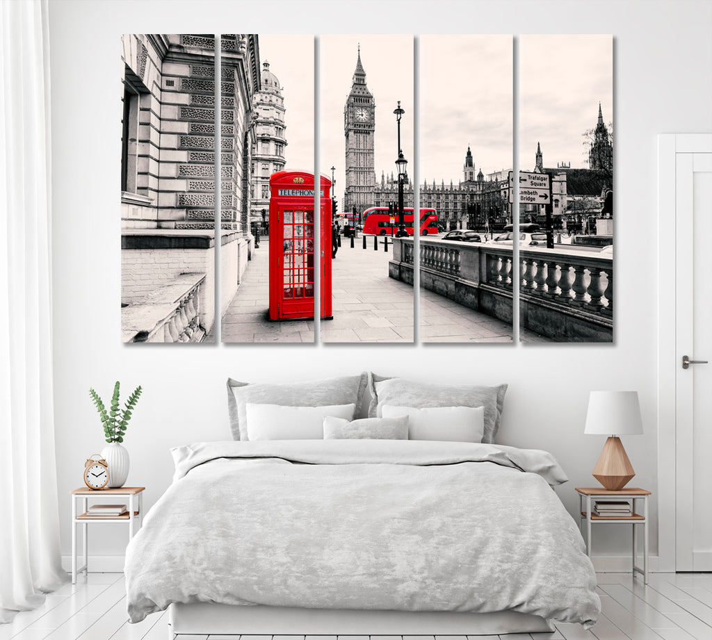 Red Phone Booth in London with Big Ben Canvas Print ArtLexy 5 Panels 36"x24" inches 