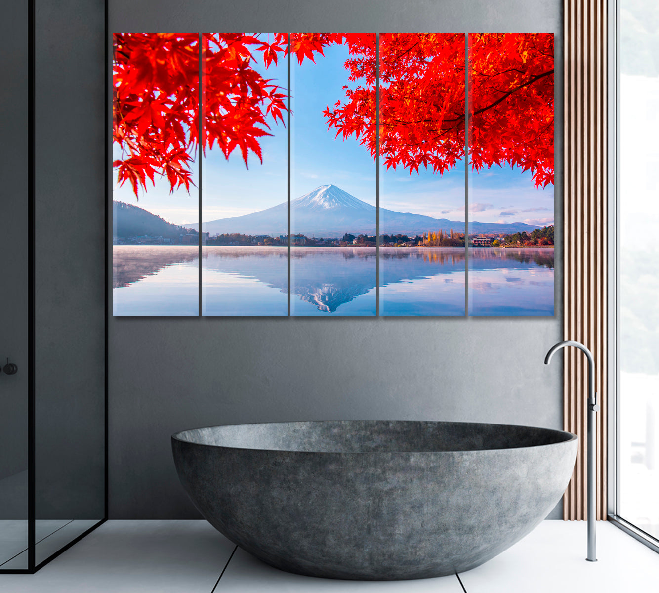 Lake Kawaguchi and Mount Fuji in Autumn Canvas Print ArtLexy 5 Panels 36"x24" inches 