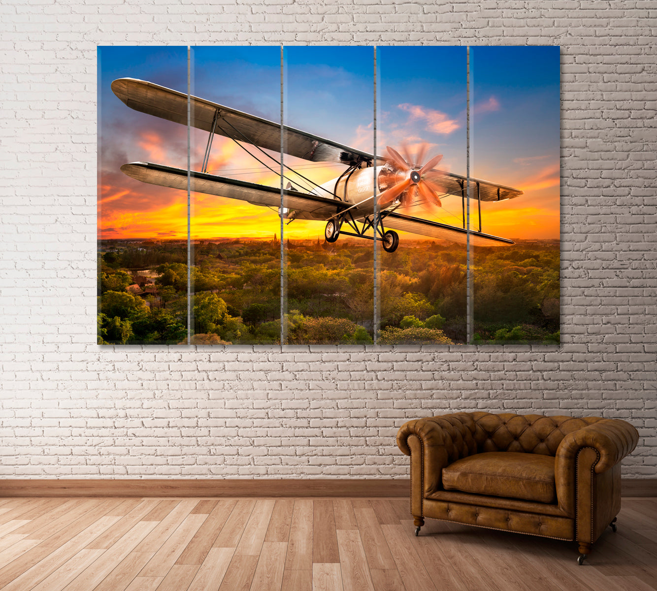 Biplane Flying Over Trees Canvas Print ArtLexy 5 Panels 36"x24" inches 