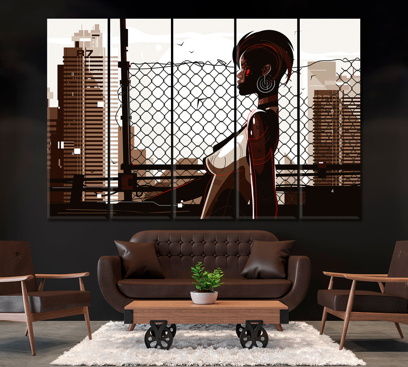 Beautiful African-American Woman with Urban Landscape Canvas Print ArtLexy 5 Panels 36"x24" inches 