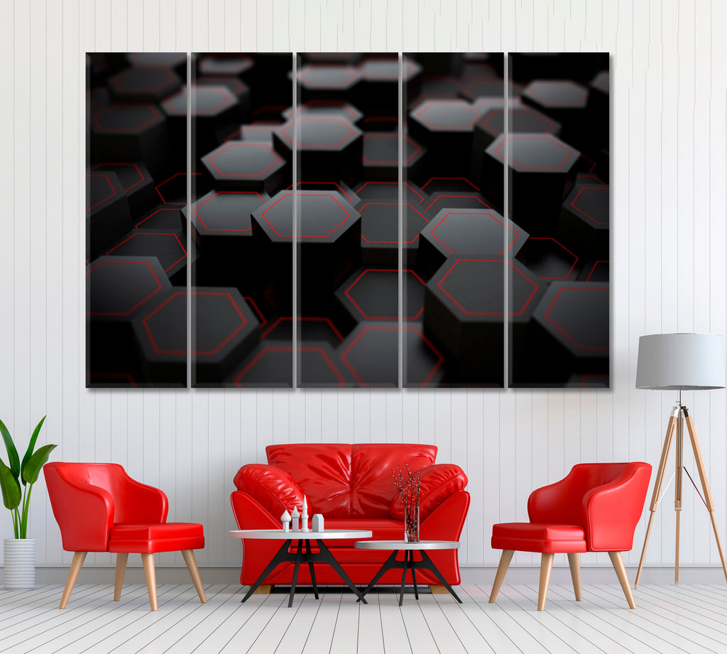 Abstract Black Hexagons Canvas Print ArtLexy 5 Panels 36"x24" inches 