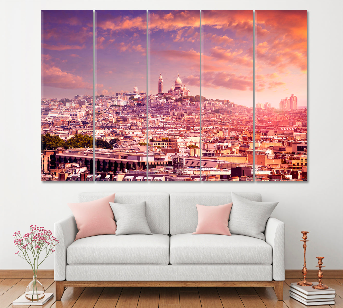 Paris Skyline and Sacre Coeur Basilica France Canvas Print ArtLexy 5 Panels 36"x24" inches 
