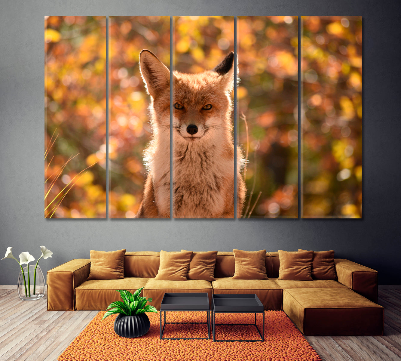 Cute Fox in Autumn Forest Canvas Print ArtLexy 5 Panels 36"x24" inches 