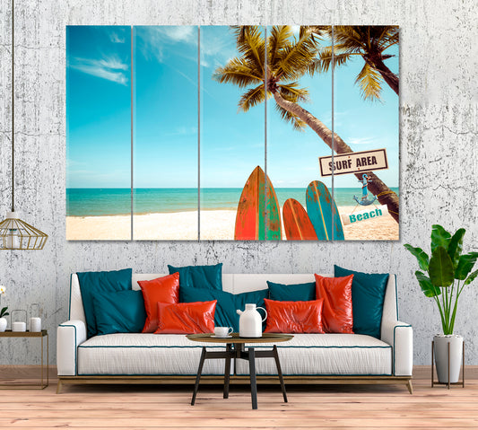 Surfboards on Tropical Beach with Palm Trees Canvas Print ArtLexy 5 Panels 36"x24" inches 