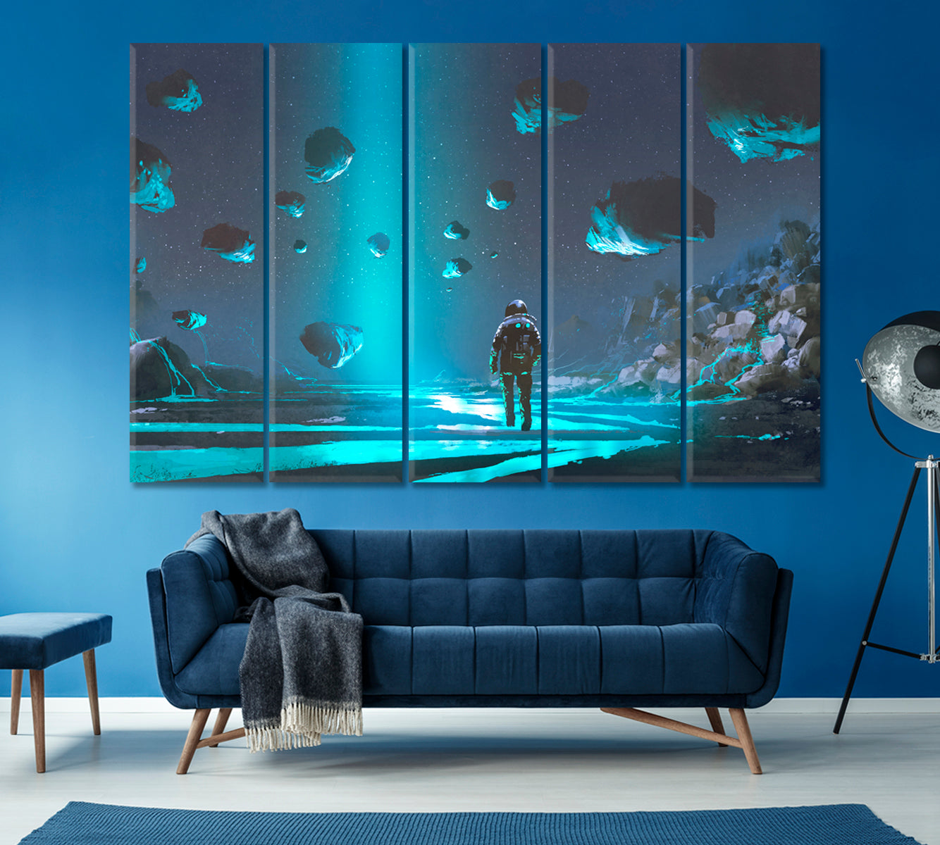 Astronaut on Alien Planet with Glowing Meteorites Canvas Print ArtLexy 5 Panels 36"x24" inches 