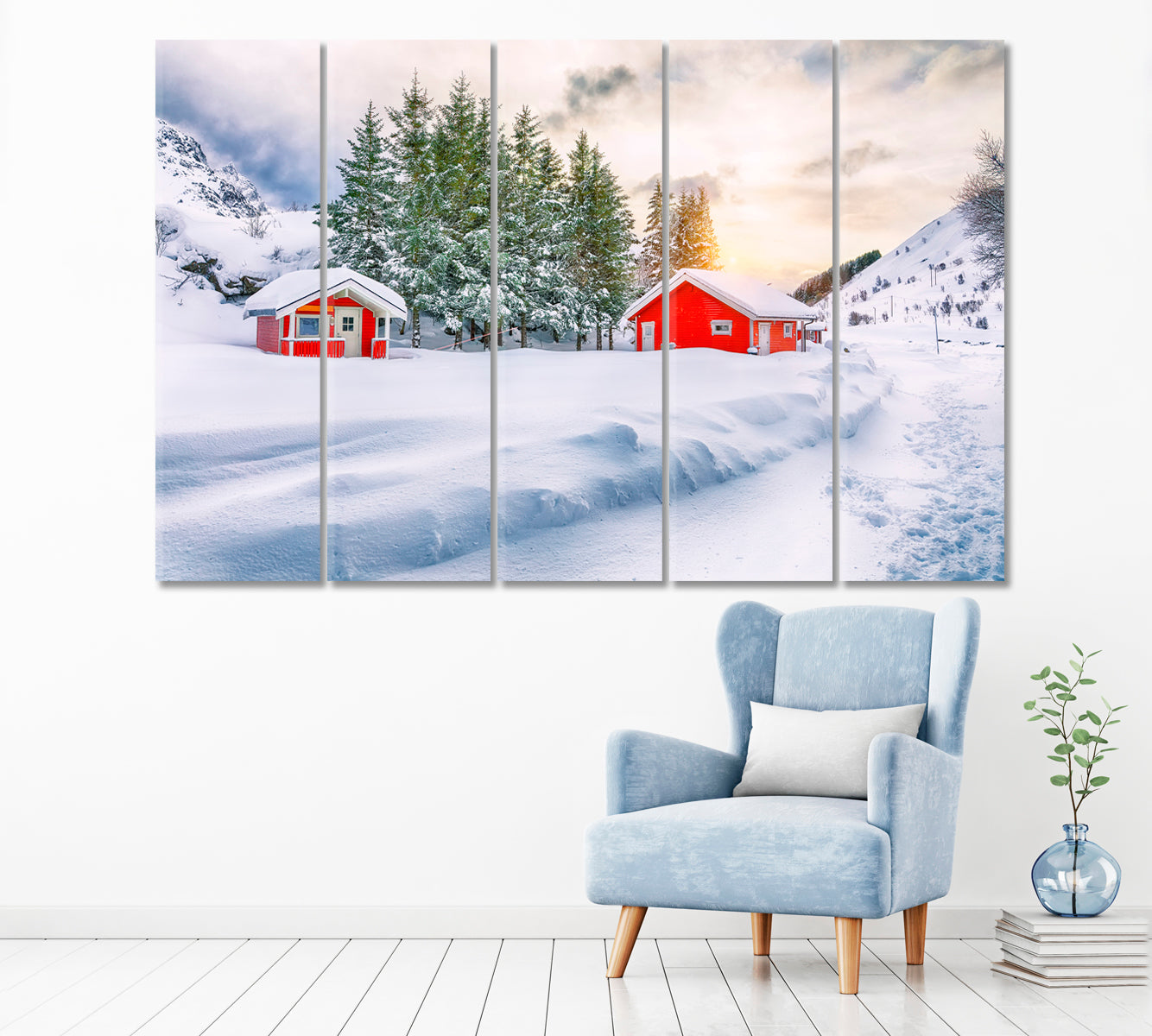 Norwegian Red Wooden Houses Lofoten Islands Norway Canvas Print ArtLexy 5 Panels 36"x24" inches 