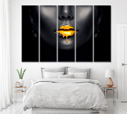 Beautiful Lips with Golden Drops Canvas Print ArtLexy 5 Panels 36"x24" inches 