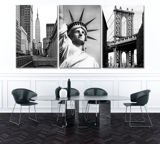 Set of 3 Empire State Building ‎& Statue of Liberty ‎& Manhattan Bridge New York Canvas Print ArtLexy 3 Panels 48”x24” inches 