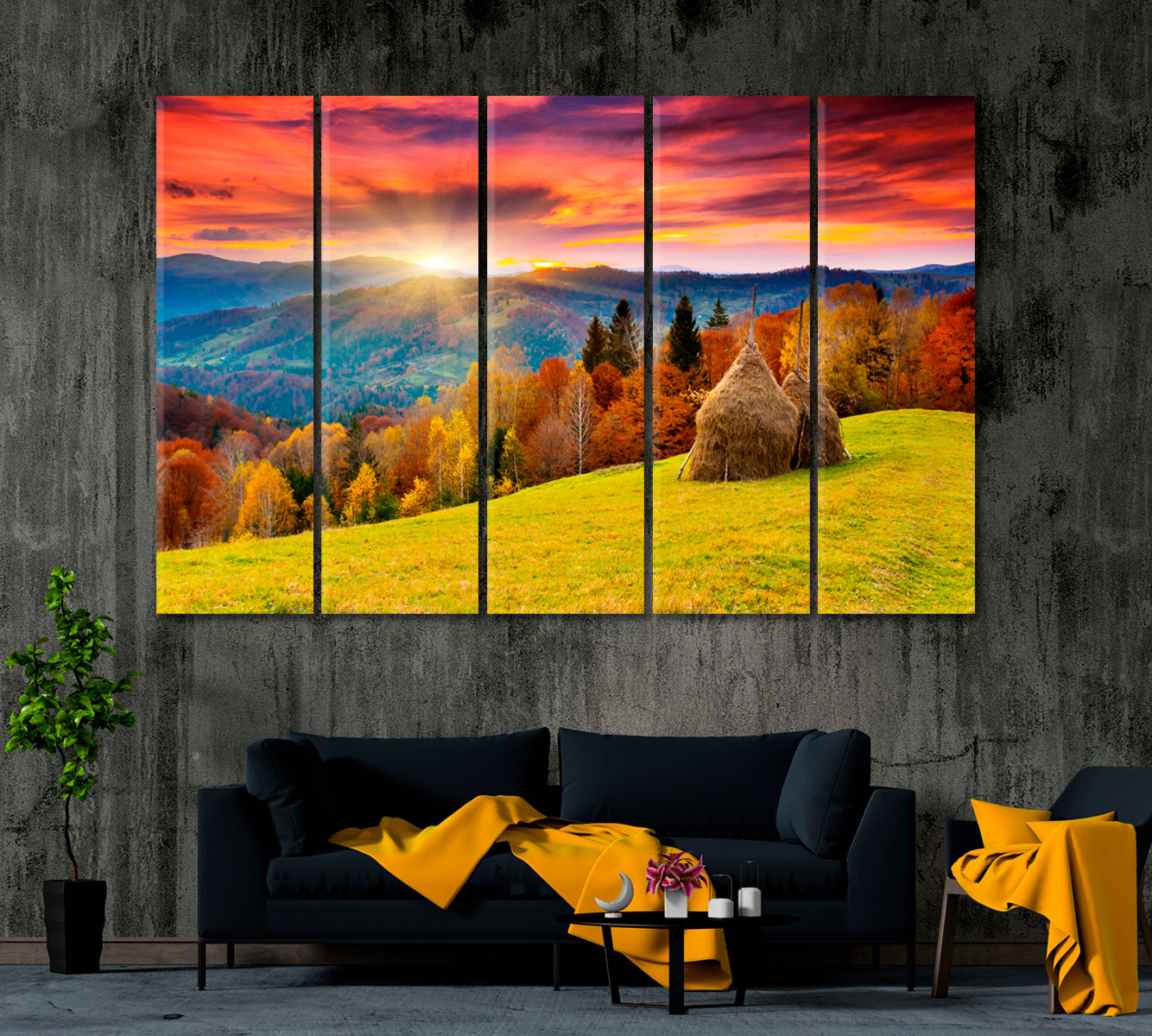 Autumn Carpathian Mountains Landscape with Colorful Forest Canvas Print ArtLexy 5 Panels 36"x24" inches 