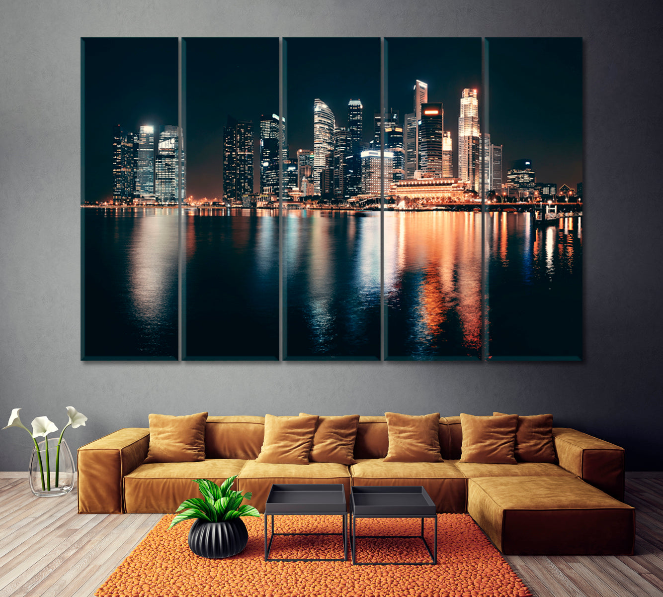 Singapore Skyline at Night Canvas Print ArtLexy 5 Panels 36"x24" inches 