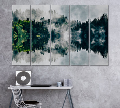 Amazing Foggy Forest Reflection in Lake Canvas Print ArtLexy 5 Panels 36"x24" inches 