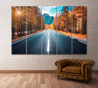 Road in Autumn Forest Canvas Print ArtLexy 5 Panels 36"x24" inches 