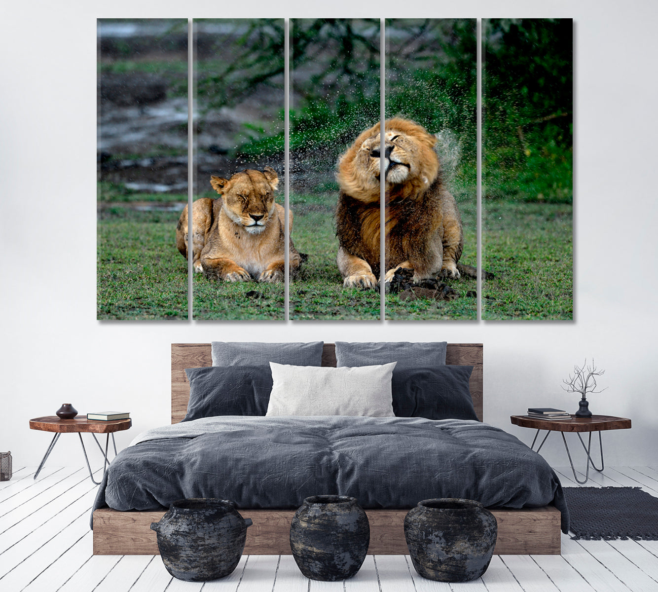 Lions under Rain in Ngorongoro Conservation Area Tanzania Canvas Print ArtLexy 5 Panels 36"x24" inches 