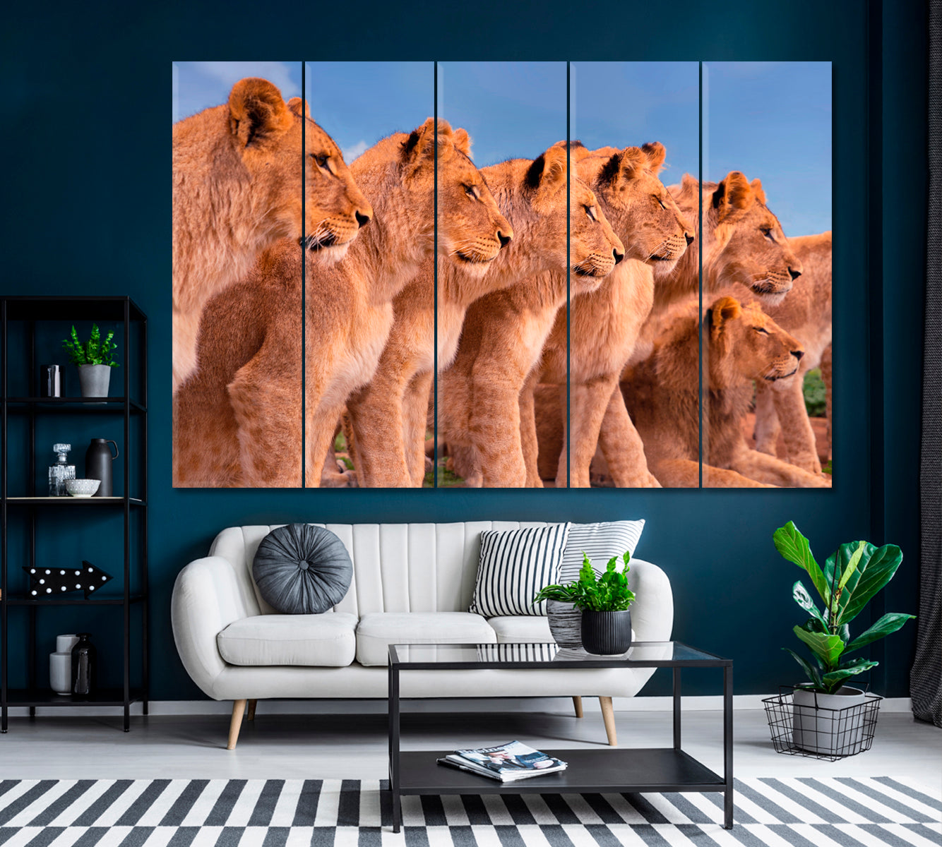 Group of Wild Lions on African Safari Canvas Print ArtLexy 5 Panels 36"x24" inches 