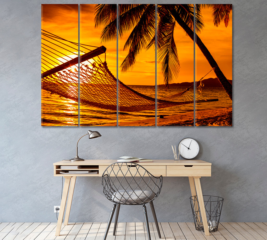 Hammock and Palm Trees on Tropical Beach at Sunset Hawaii Canvas Print ArtLexy 5 Panels 36"x24" inches 