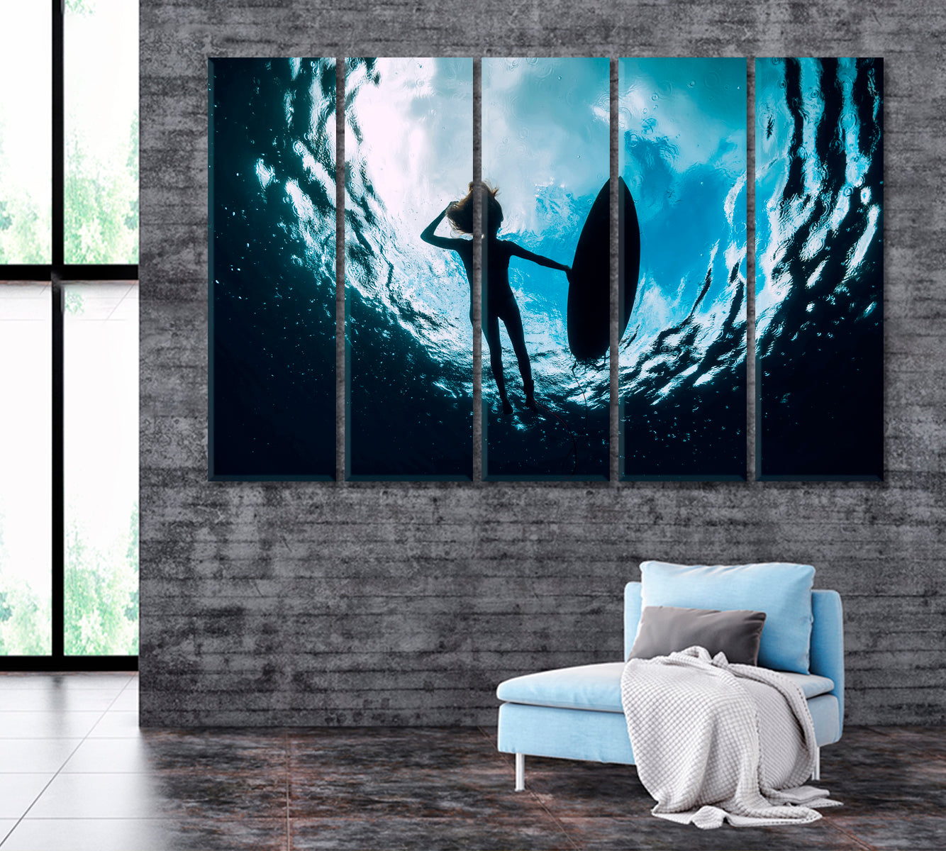 Surfer Woman Silhouette with Surfboard Canvas Print ArtLexy 5 Panels 36"x24" inches 