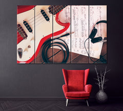 Electric Guitar with Notes and Headphones Canvas Print ArtLexy 5 Panels 36"x24" inches 
