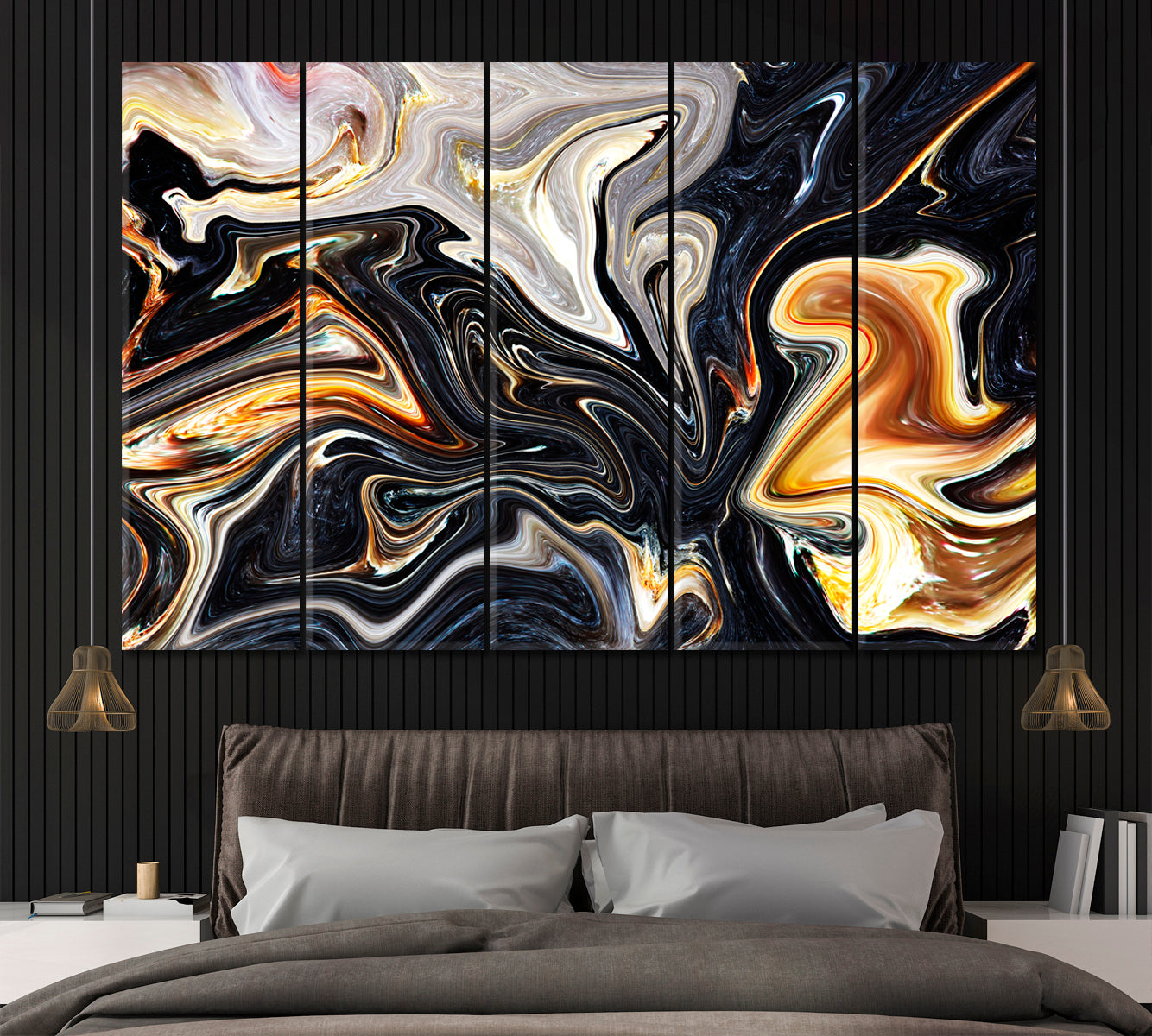 Black Marble Waves Canvas Print ArtLexy 5 Panels 36"x24" inches 